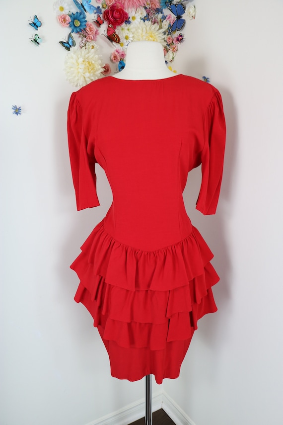 80s Tiered Ruffle Red Dress - Vintage 1980s CREME… - image 2