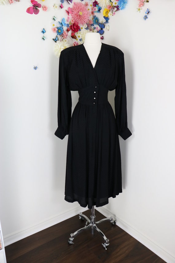 Vintage 80s Does 40s Black Secretary Dress With Fu