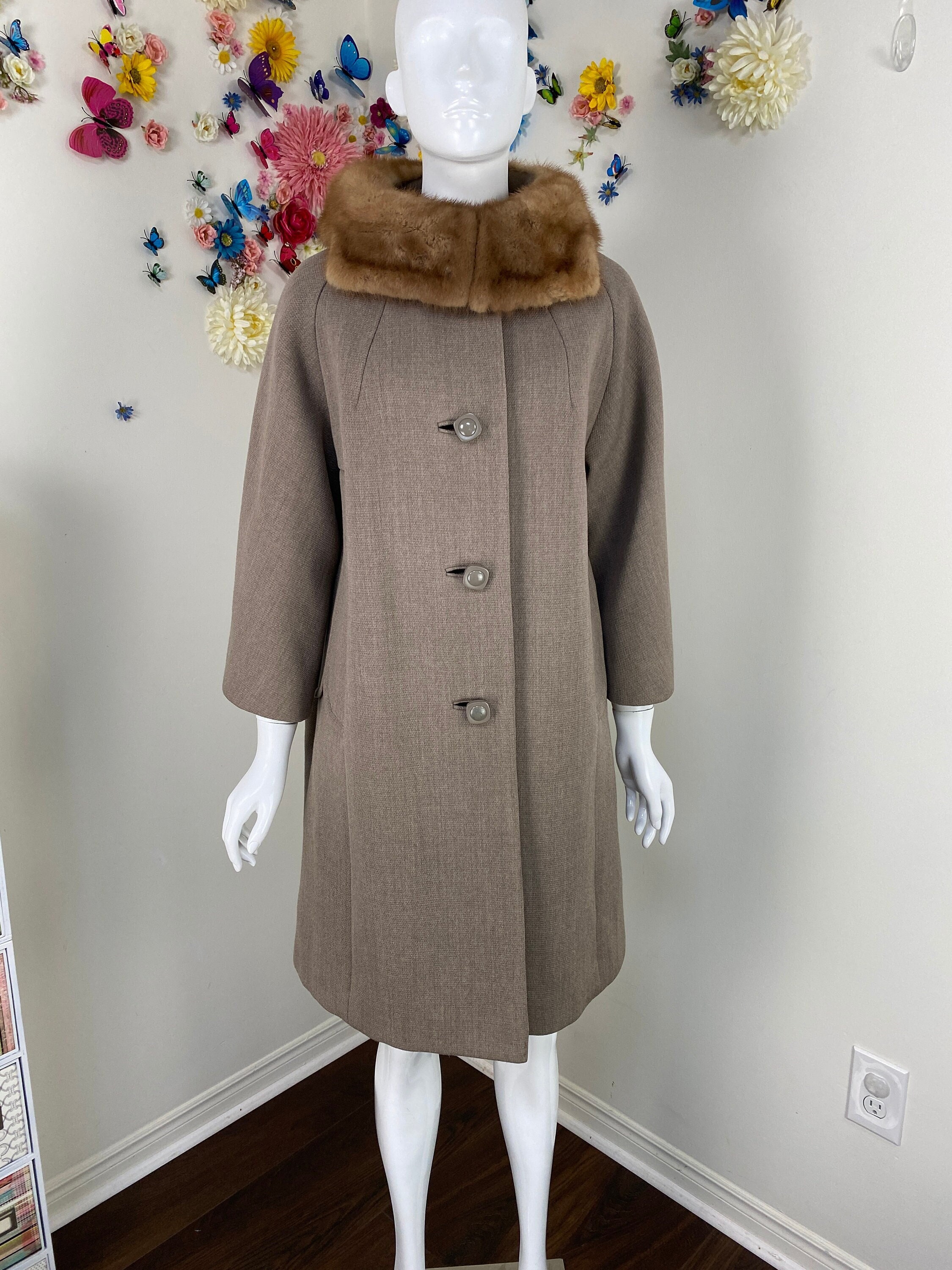 Vintage 50s 60s SIMPSONS Swing Coat Brown Fur Collar Wool Dress Coat Long  Warm Winter Coat Medium -  Canada