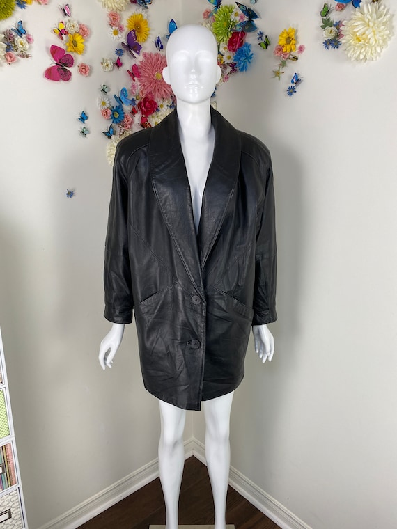 1980s Oversized Black Leather Bomber Jacket - P&W… - image 1