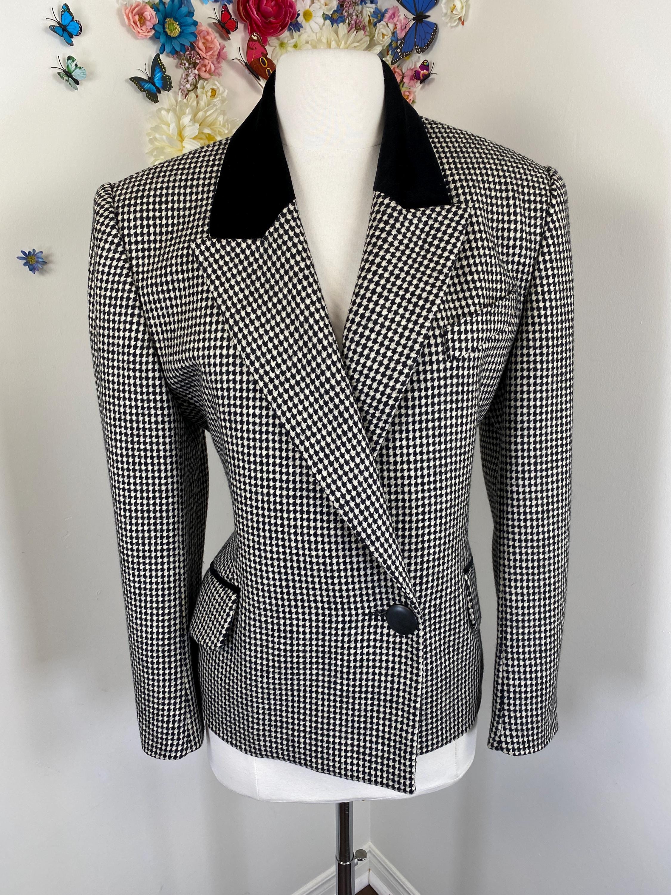 Vintage Check Blazer 1980s Designer MAURICE DAQUIN 80s Black White Classic Preppy Blazer Dark Academia Fall Wear To Work Light Jacket - M