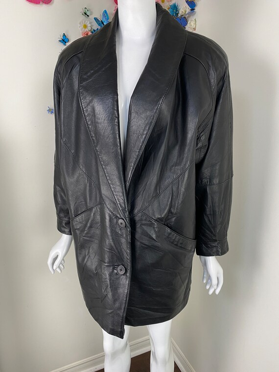 1980s Oversized Black Leather Bomber Jacket - P&W… - image 5