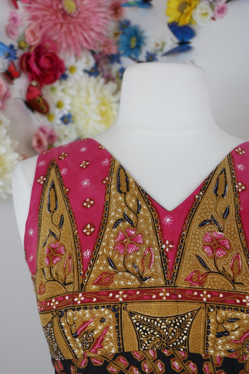 Graphic Print Hippie Boho Vintage 60s Indian Batik Maxi Cotton Dress Summer Spring XSS 28 Waist 32 Bust Sleeveless Midi