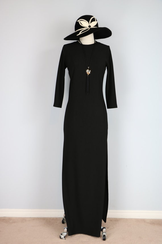 Vintage 1970s Black Body Con Maxi Dress With Long… - image 1