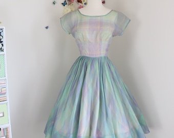 Vintage 1950s Tea Dress - 50s Pastel Plaid Organza Summer Garden Party Dress - Fit & Flare Swing Dress XXS 22"