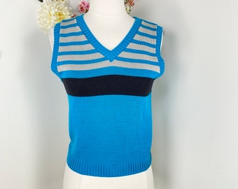 80s ANDERW FEZZA Blue Black Striped Knit Sweater Vest - Vintage 1980s Sleeveless Acrylic Jumper  - Winter Fall Vest - Medium