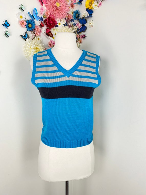 80s ANDERW FEZZA Blue Black Striped Knit Sweater … - image 1