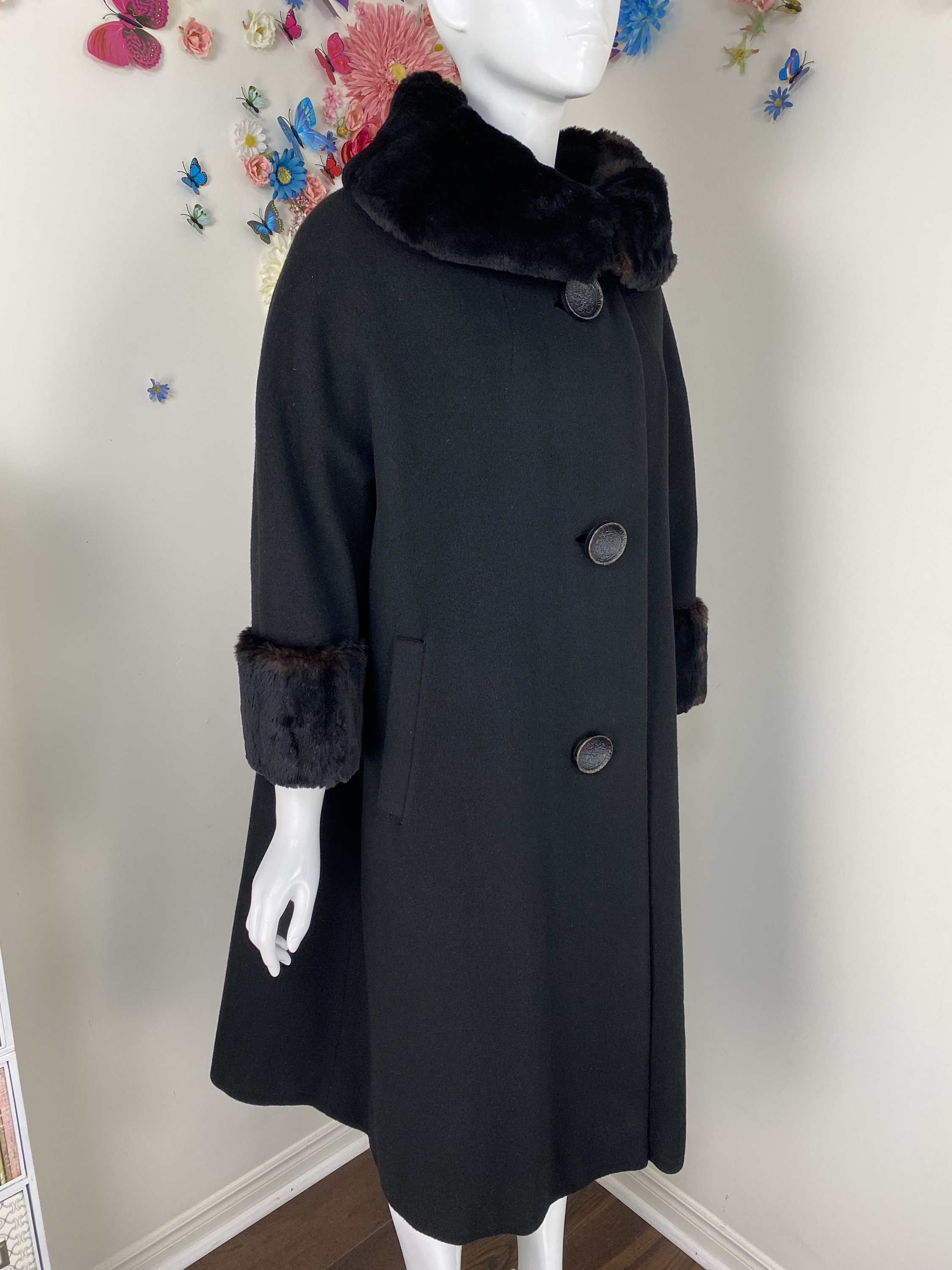 [定休日以外毎日出荷中] Trapeze Trim Fur Black Coat Vintage Coat 1950s LARRY LOU ジャケット・アウター