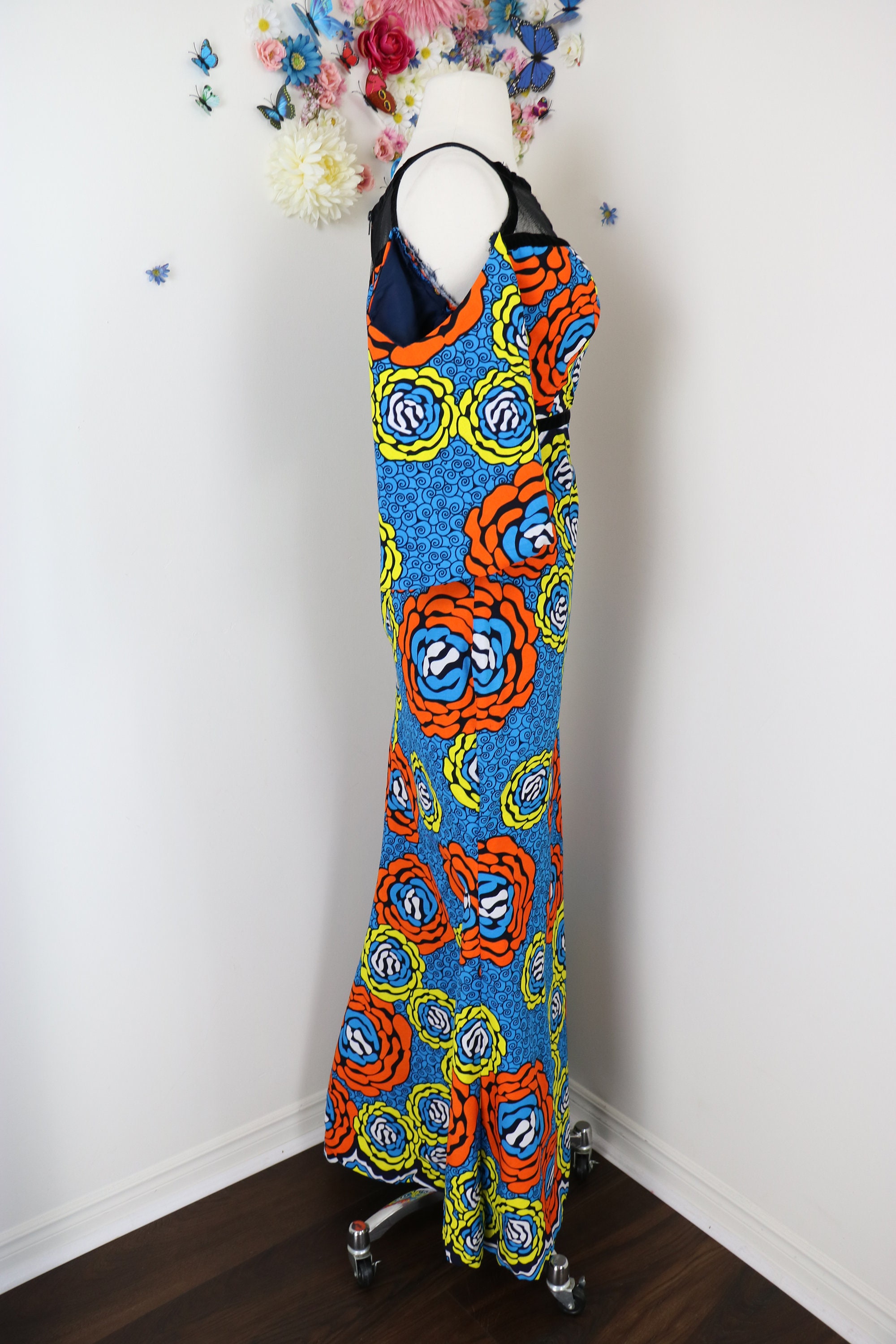 African Ankara Floral Maxi Dress Blue Cold Shoulder Handmade | Etsy