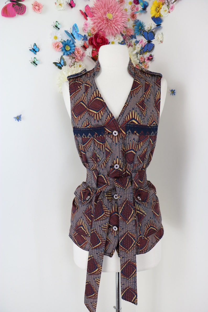 Vintage Vest ANTHROPOLOGIE ELEVENSES Safari Vest Jacket Tribal Print Fall Vest Jacket Businesscore Boho Vest - Small image 2