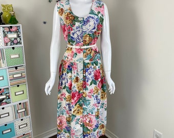 80s BRYN CONNELLY Cotton Floral Summer Day Dress With Pockets - Summer Garden Party High Tea Picnic Vacation Barbecue Dress - L/XL