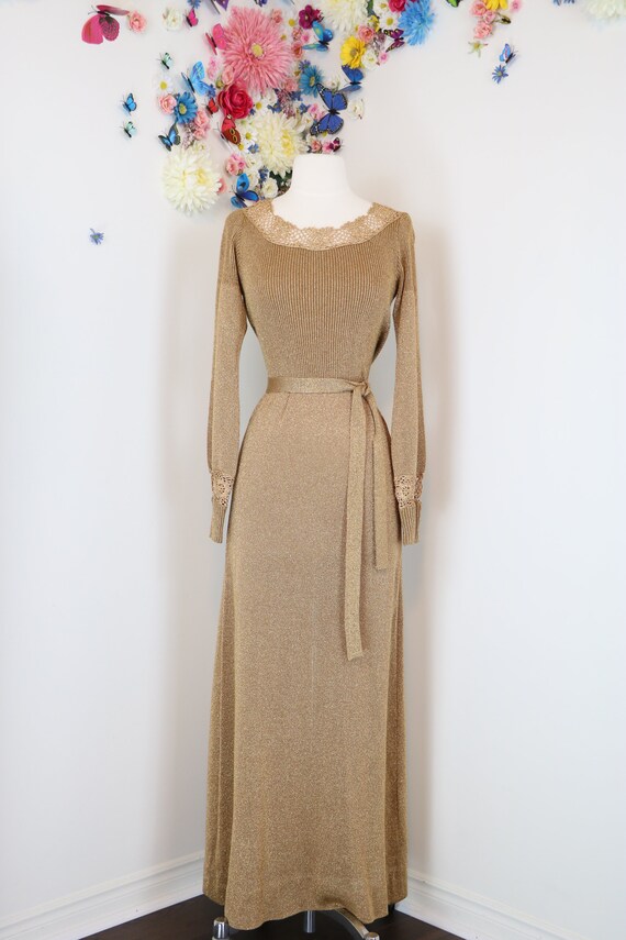 1970s Metallic Gold Knit Maxi Dress - Lurex - Medi