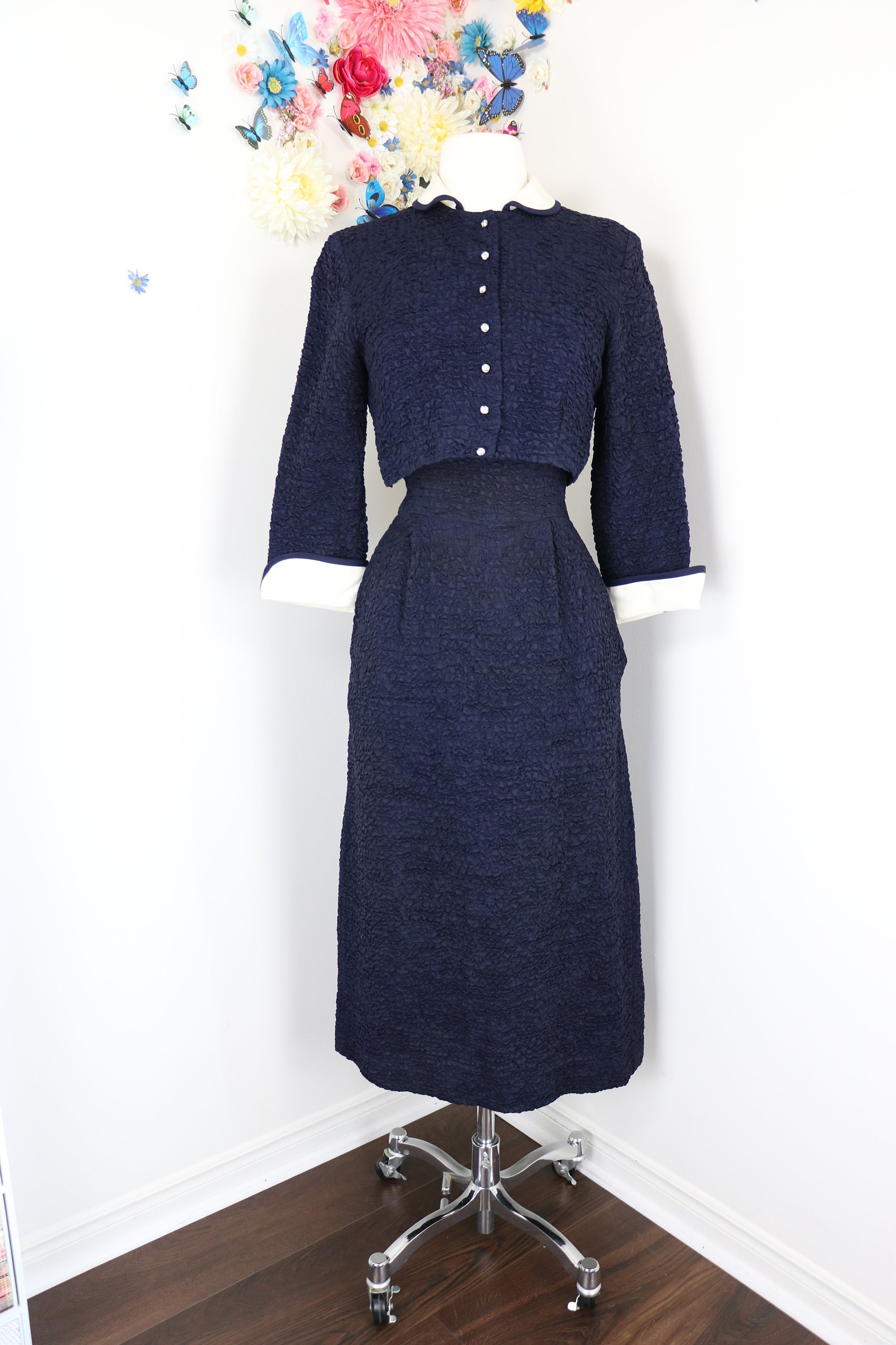 Vintage s Smocked Navy Blue Dress With Bolero Ja ...