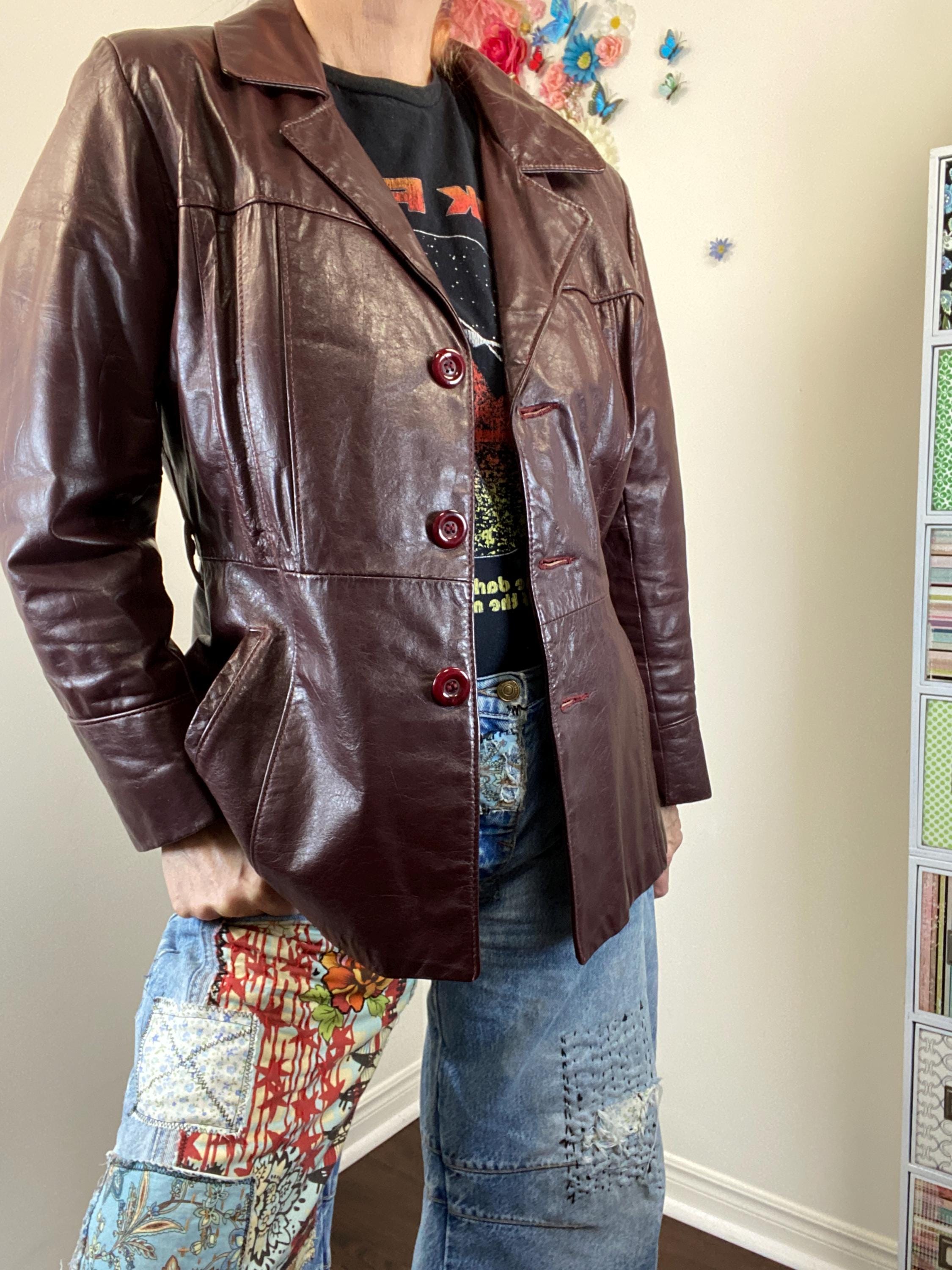 Leather Trench Coat Jacket With Quilted Interior 1970s Vintage