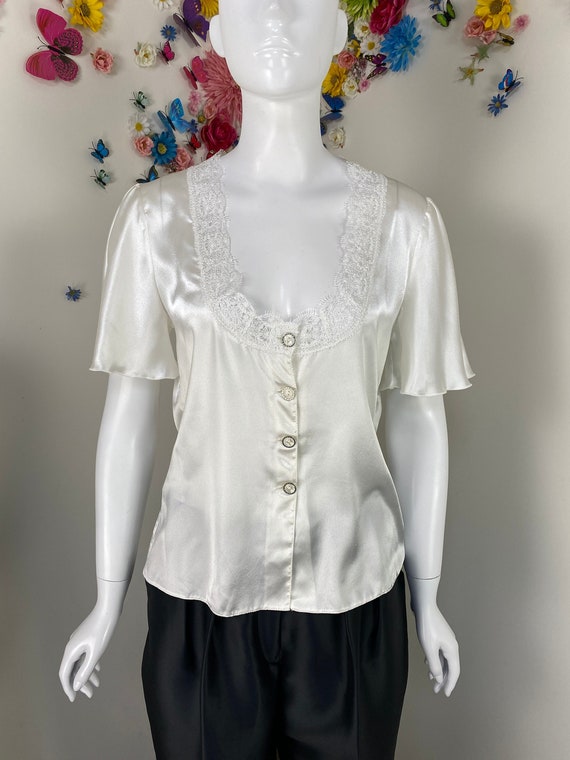 80s PIERRE CARDIN White Blouse With Lace Trim And… - image 1