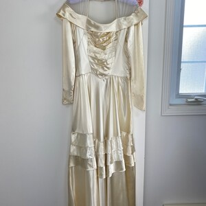 40s Ivory Satin Wedding Dress Vintage 1940s Champagne Wedding Gown Lattice Bust Illusion Off Shoulder XS image 2