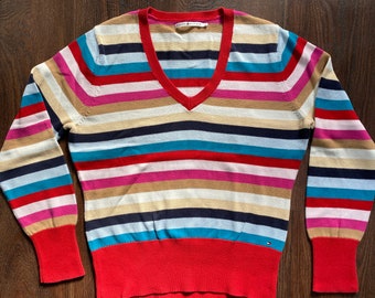 Pull vintage à rayures arc-en-ciel TOMMY HILFIGER Pull décontracté en tricot de coton - L/XL