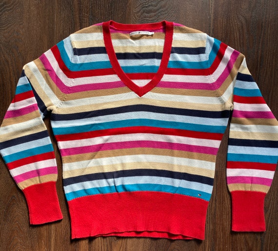 TOMMY HILFIGER Rainbow Striped Knit Pullover Top … - image 1