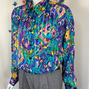 Vintage 80s Colourful Blouse Semi-Sheer Painterly Secretary Blouse 1980s Artsy Preppy Boho Long Sleeve Aqua Blue Funky Shirt XL