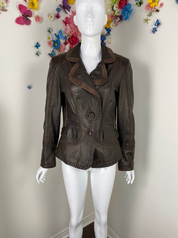 Patchwork Leather Jacket Y2K Dark Brown Fall Jack… - image 1