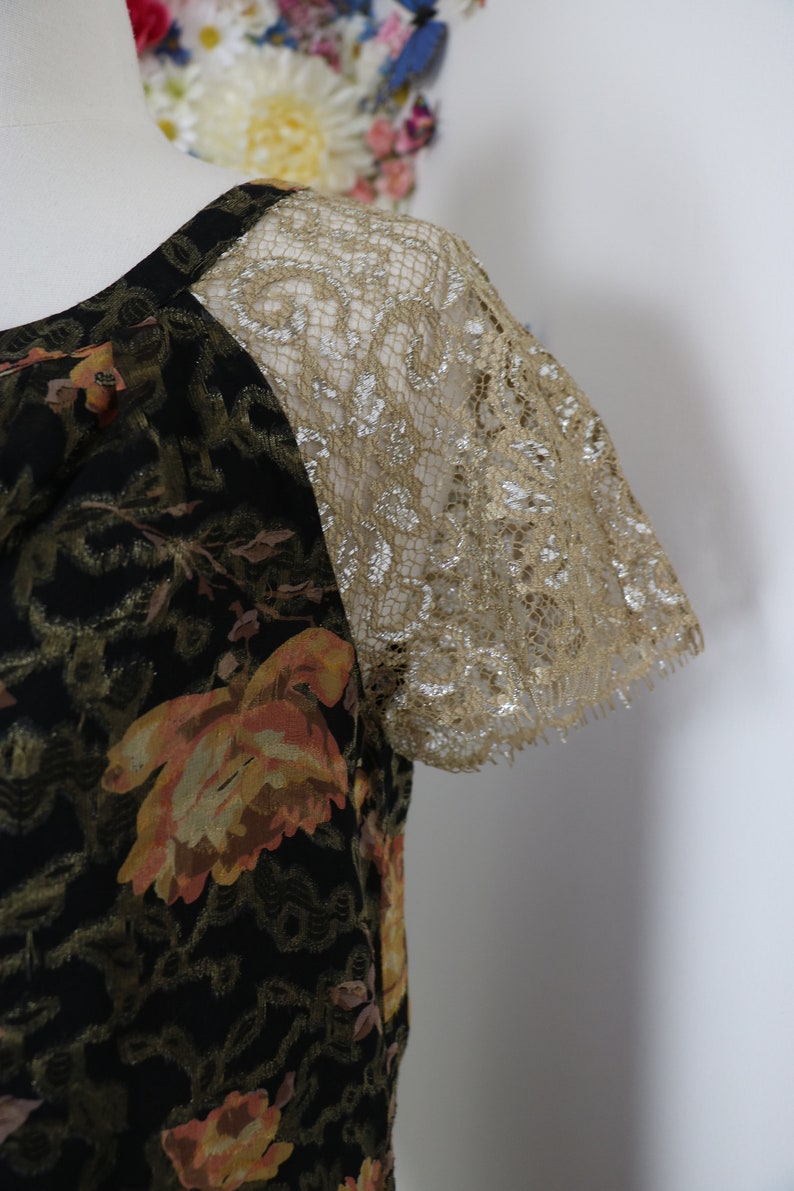 Y2K ANTHROPOLOGIE Silk Floral Lace Blouse Top Romantic Gold Metallic Evening Party Elegant Date Night Top - S/M imagen 5