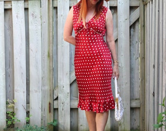 Red Satin Polka Dot Bias Cut Slip Dress With Ruffle Hem - ABS By Allen Schwartz Summer Garden Wedding High Tea Dress - M/L