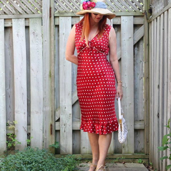 Red Satin Polka Dot Bias Cut Slip Dress With Ruffle Hem - ABS By Allen Schwartz Summer Garden Wedding High Tea Dress - M/L