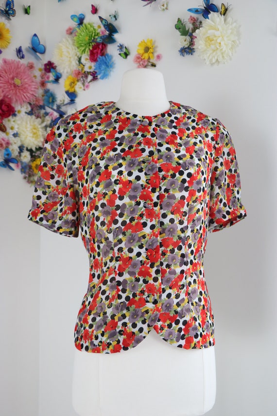 80s Does 1940s Blouse - Polkadot Floral Top - Shor