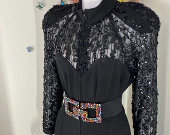 Sequin Evening Jumpsuit Vintage 1980s Black Disco Party Clubbing Catsuit M