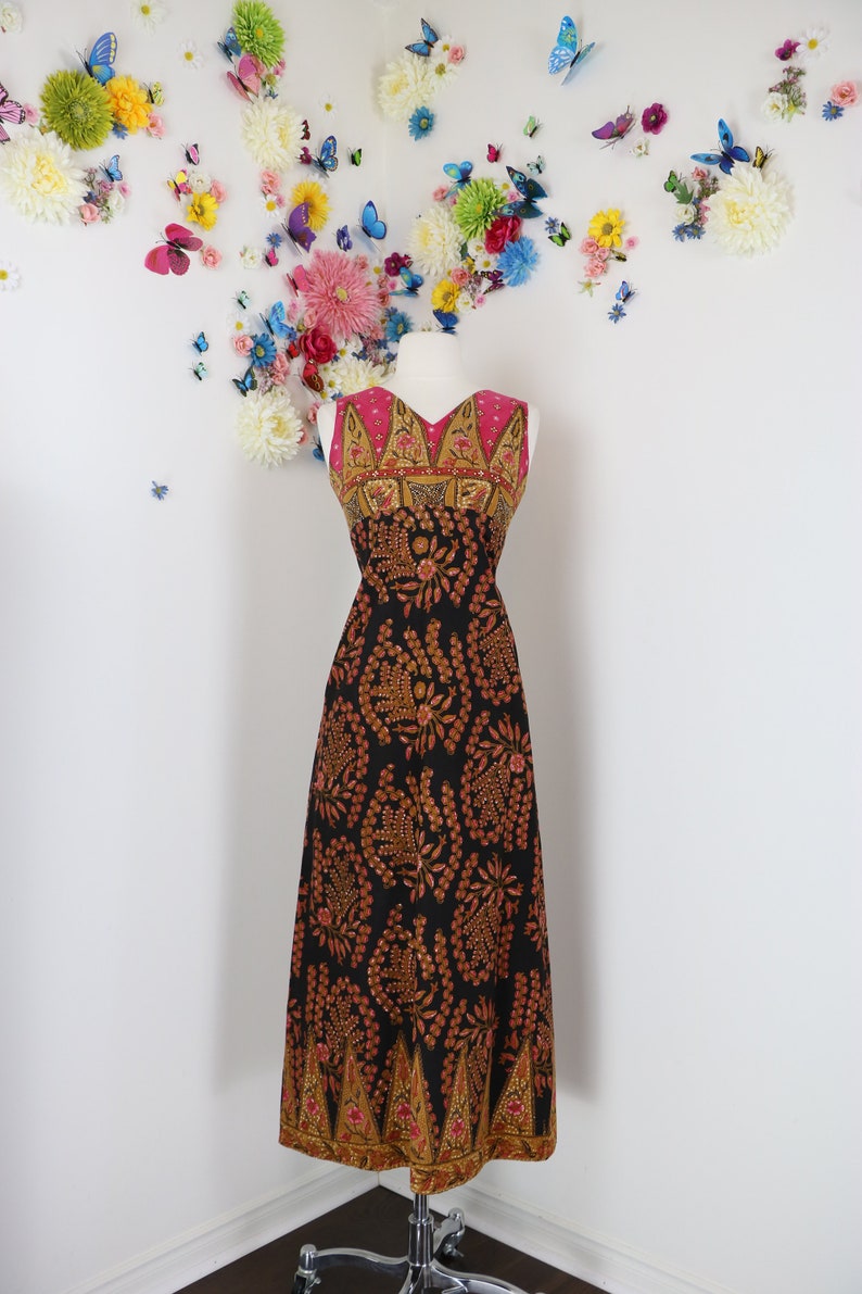 Graphic Print Hippie Boho Vintage 60s Indian Batik Maxi Cotton Dress Summer Spring XSS 28 Waist 32 Bust Sleeveless Midi