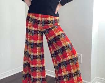 Pantalones acampanados a cuadros vintage de los años 70, cintura alta, pierna ancha, estilo palazzo, talla M
