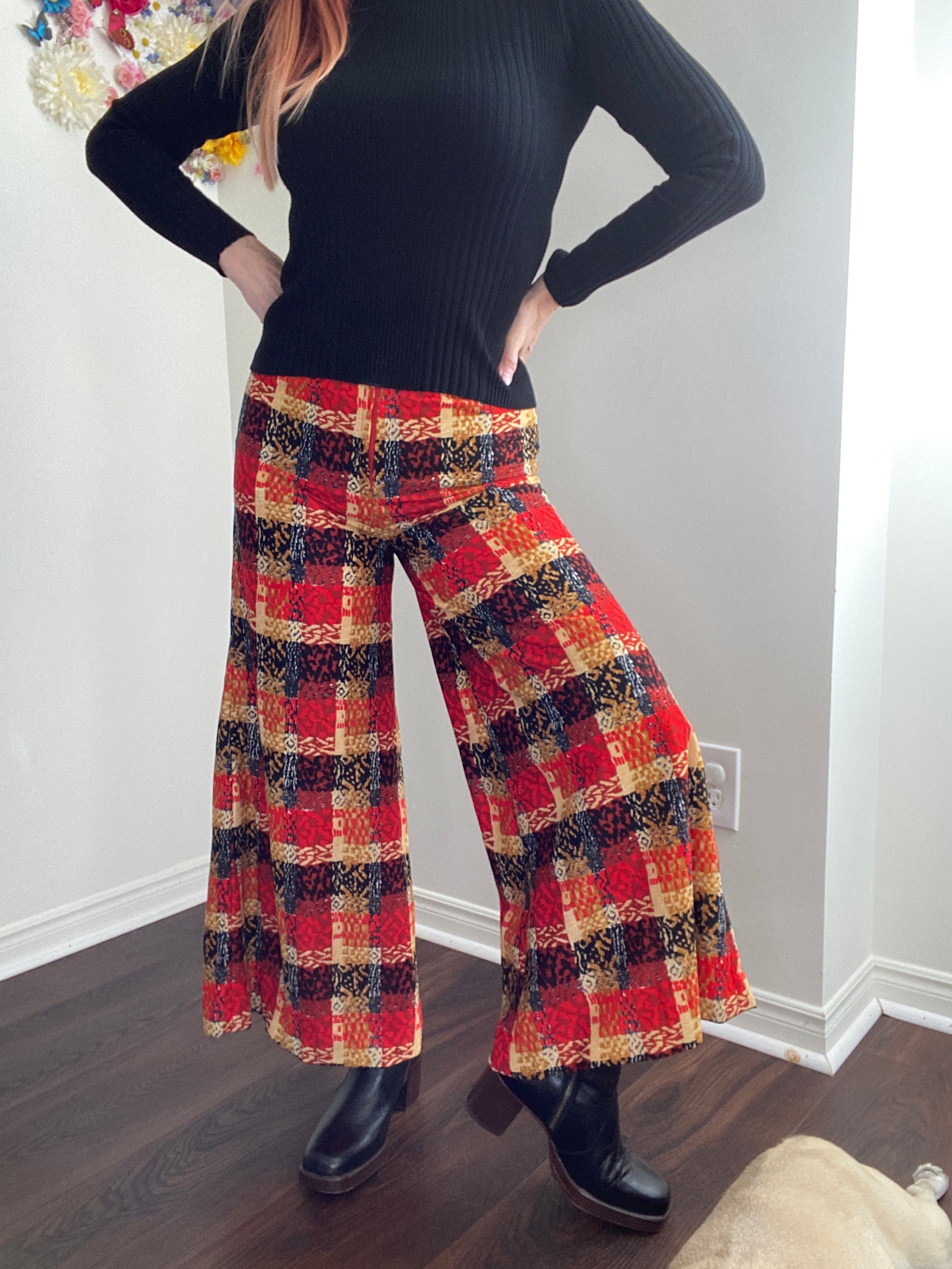 Pink Checkered Mid Waist Flare Pants Hippie Bell Bottom Plaid Wide Leg  Trousers