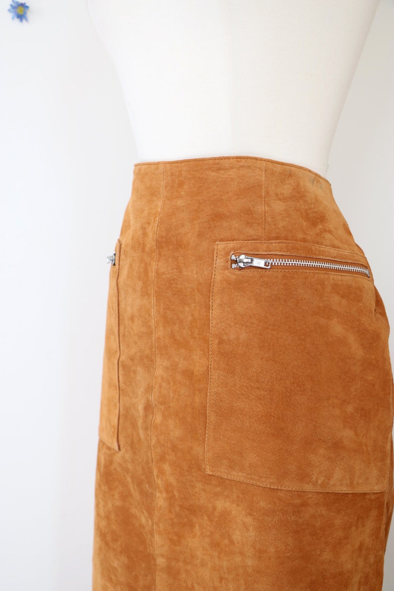 Long Caramel Brown Pencil Skirt Medium 28 Waist Retro Hipster Diagonal Zipper Closure 90s Does 70s Brown Suede Midi Skirt Pockets