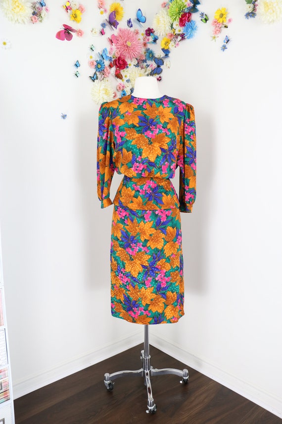 Vintage 80s Does 40s Floral Dress Skirt Suit - 19… - image 2