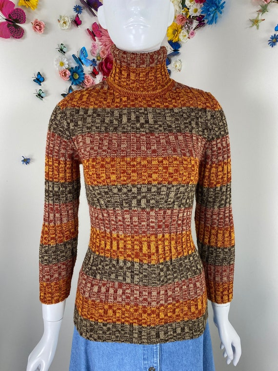 70s Striped Turtleneck Pullover Sweater - Vintage… - image 1