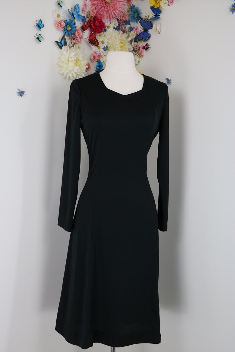 1970s Black Skater Dress Small SEARS Long Sleeve LBD Little Black Dress Vintage Day Dress Wear To Work image 4