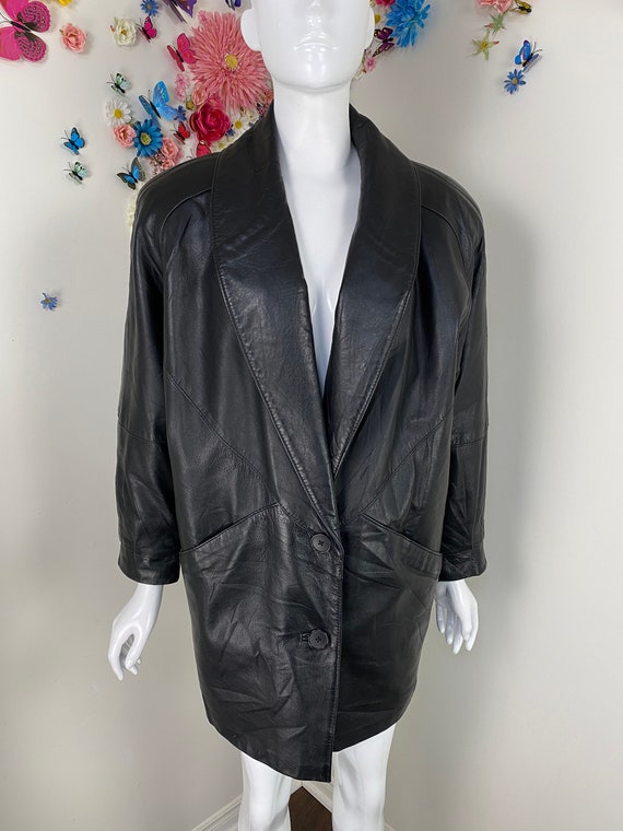 1980s Oversized Black Leather Bomber Jacket - P&W… - image 2