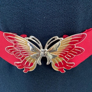 Vintage Butterfly Cinch Belt 1970s Red Gold Metal Elastic Belt 70s Groovy Boho Hippie Gifts For Her - S/M  27&quot; - 31&quot;
