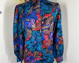 Blusa floral arcoíris vintage de los años 80 NATALIE Blusa bohemia de noche estilo preppy y moderno - M/L