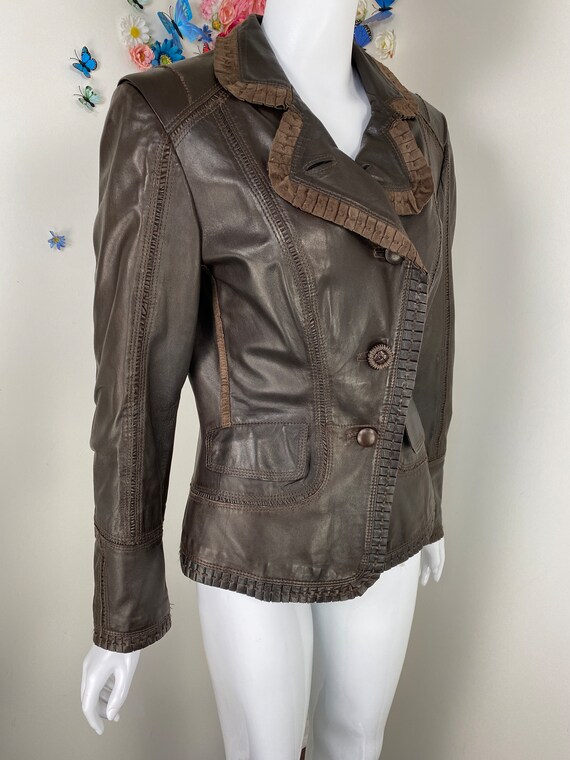 Patchwork Leather Jacket Y2K Dark Brown Fall Jack… - image 5