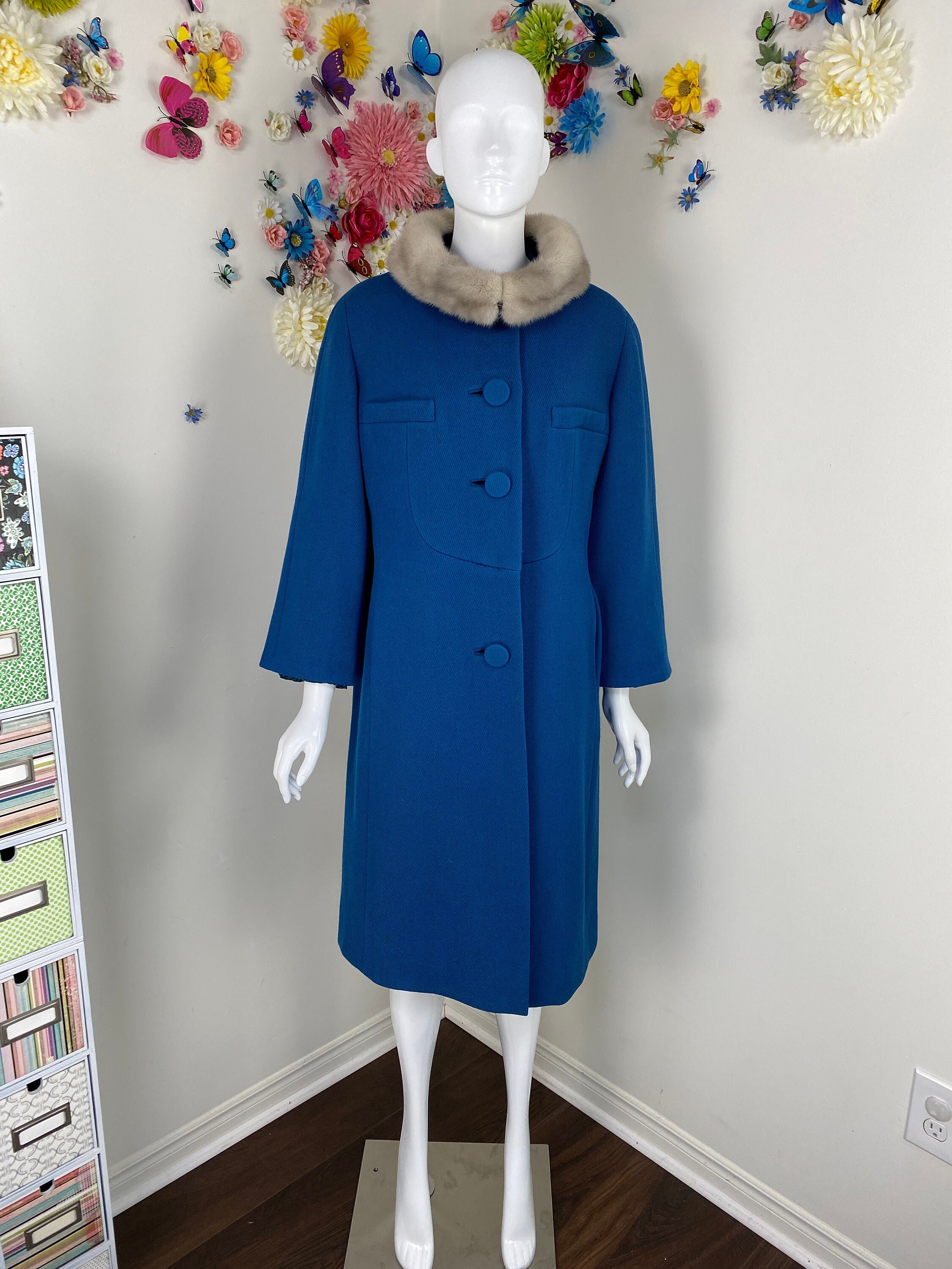 Light blue wool deals coat with fur collar