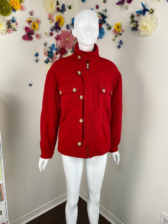 80s BENETTON Red Wool Bomber Jacket With Pockets -