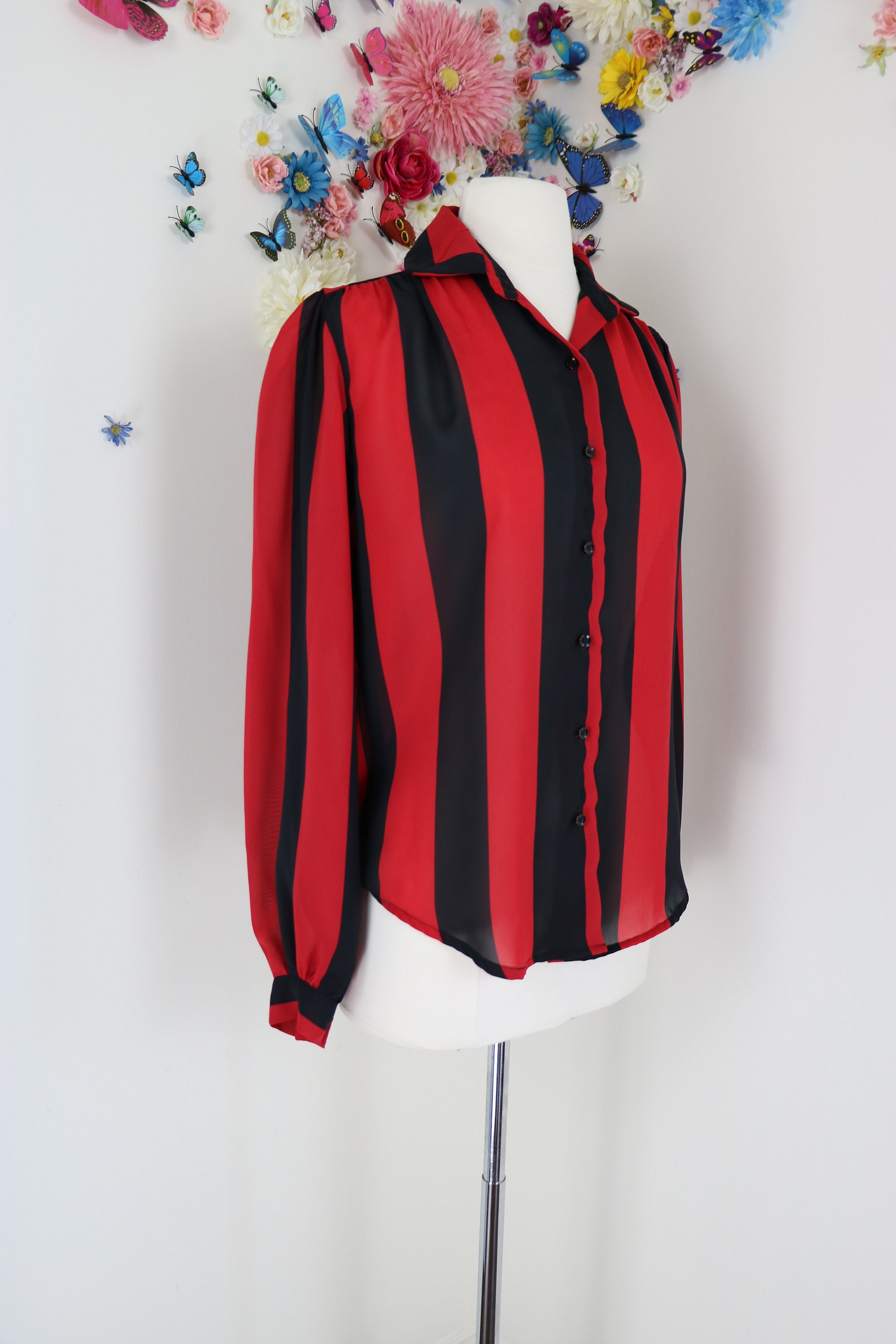 Vintage 80s Striped Blouse Red Black M/L LADY DIPLOMAT | Etsy