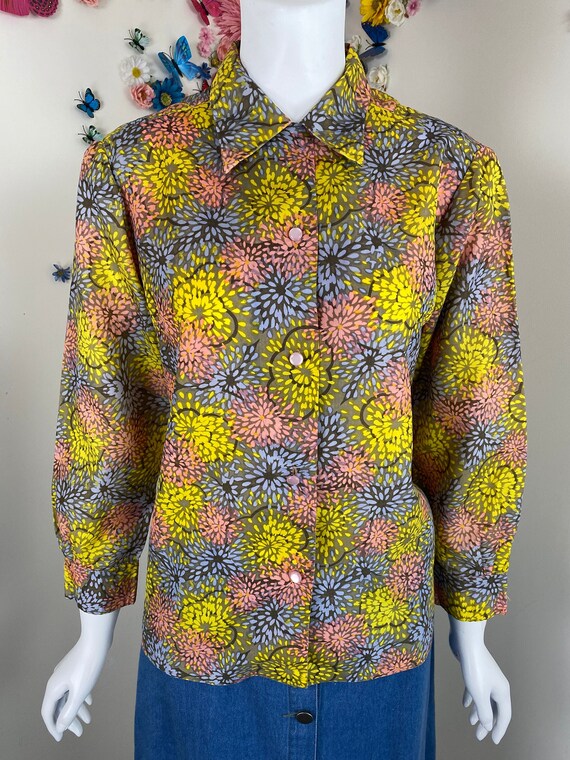 70s Floral Sunburst Novelty Print Disco Shirt With