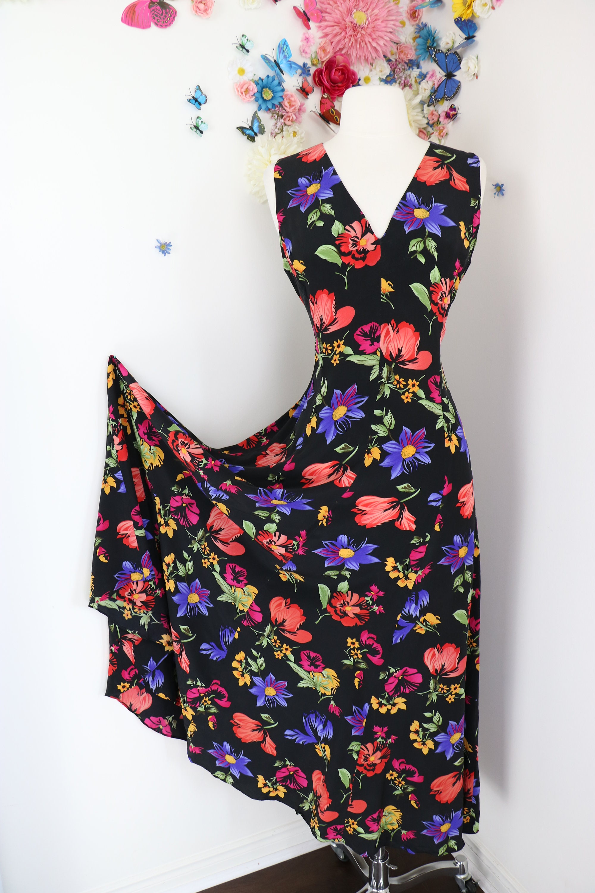 1990s Dark Floral Silk Shift Dress Body Skimming A-line Full | Etsy