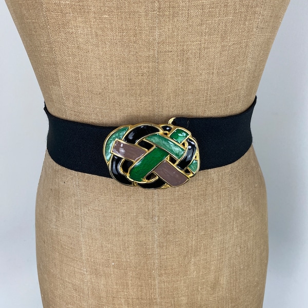 DAY-LOR Vintage 1980s Stretch Belt With Celtic Knot - 80s Gold Green Black Elastic Belt - Large  30" - 36" Waist