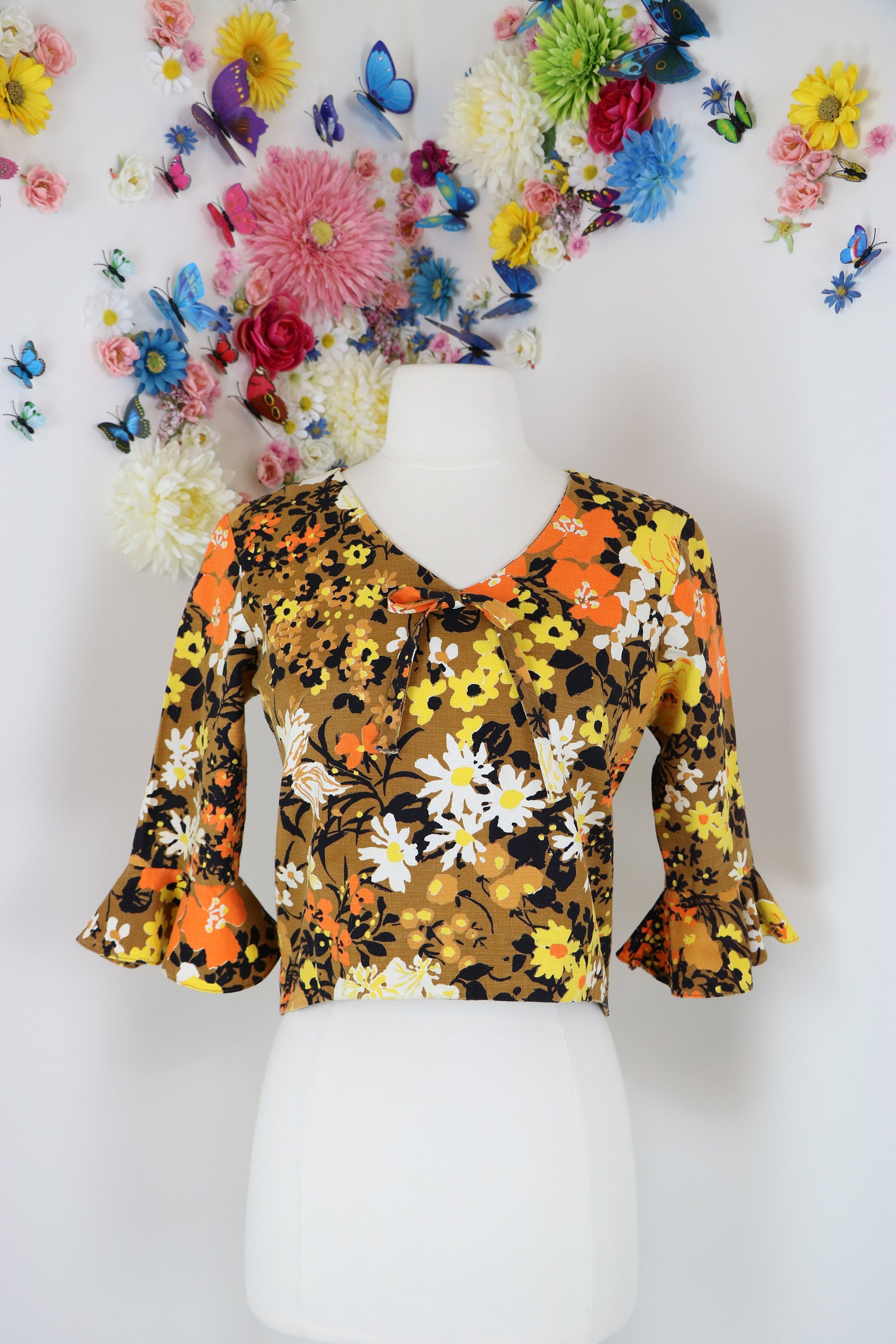 Vintage 1950 60s Blouse Floral Top Three Quarter Ruffle - Etsy Canada