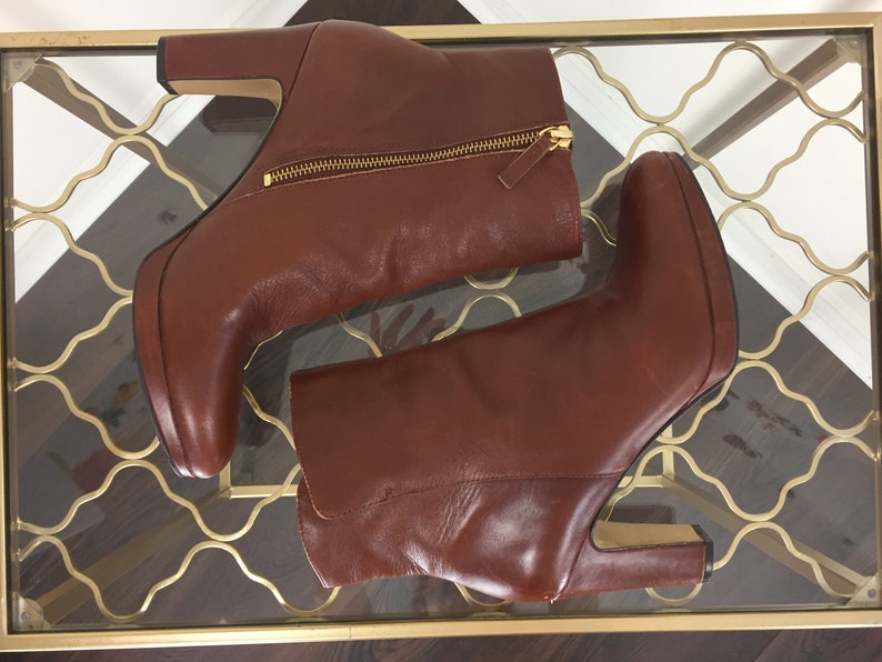 .5 Platform Block Heel 1990s Brown Leather Platform Booties Size 9 US 3.5 High Heel NINE WEST Boho Boots