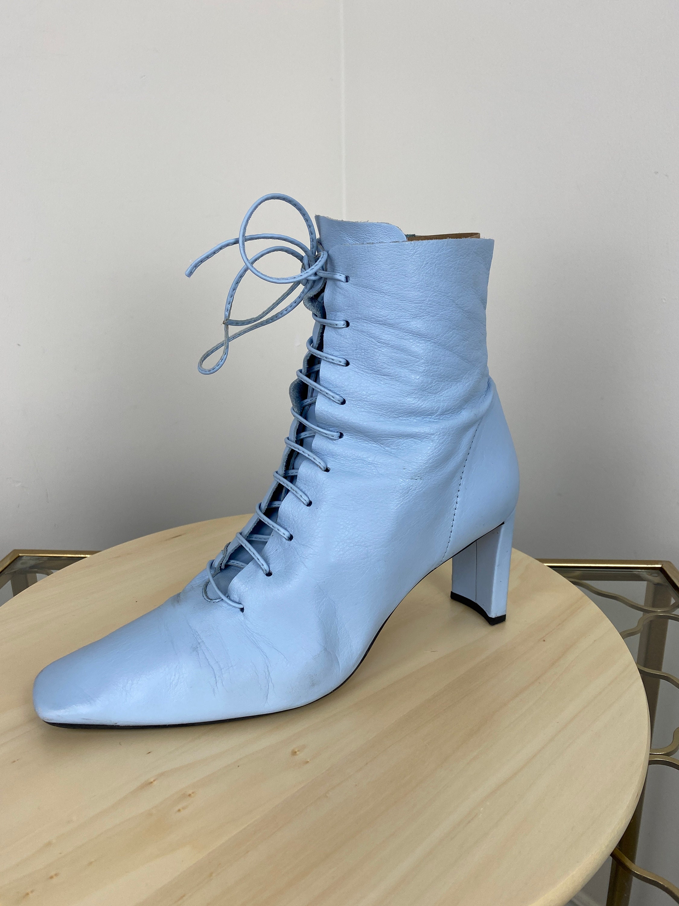 Light blue lace shop up boots