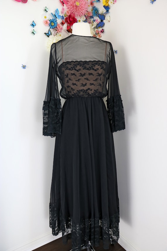 Vintage Black Evening Dress 60s Lace Ball Gown Angel Sleeve Sheer Chiffon  Maxi Dress Cocktail Party Formal Dress VICTORIA ROYAL - XS - Etsy